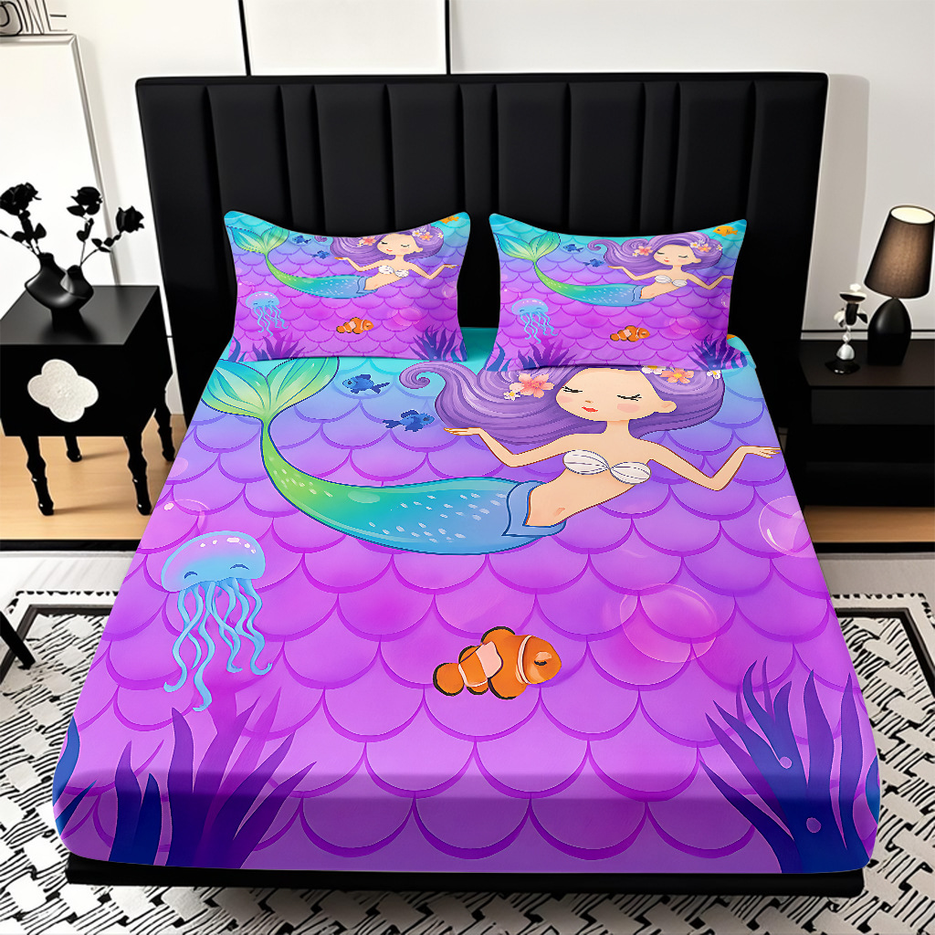 Modo JIT Temu serie de dibujos animados de sirena textil doméstico impresión digital cama de cama de cama kit fábrica de procesamiento