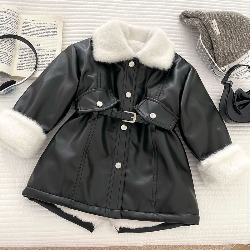 [in Stock] 2025 New Style Girls' Winter Leather Jacket, Stylish Fleece-Lined Thickened Coat, Mid-Length Outerwear