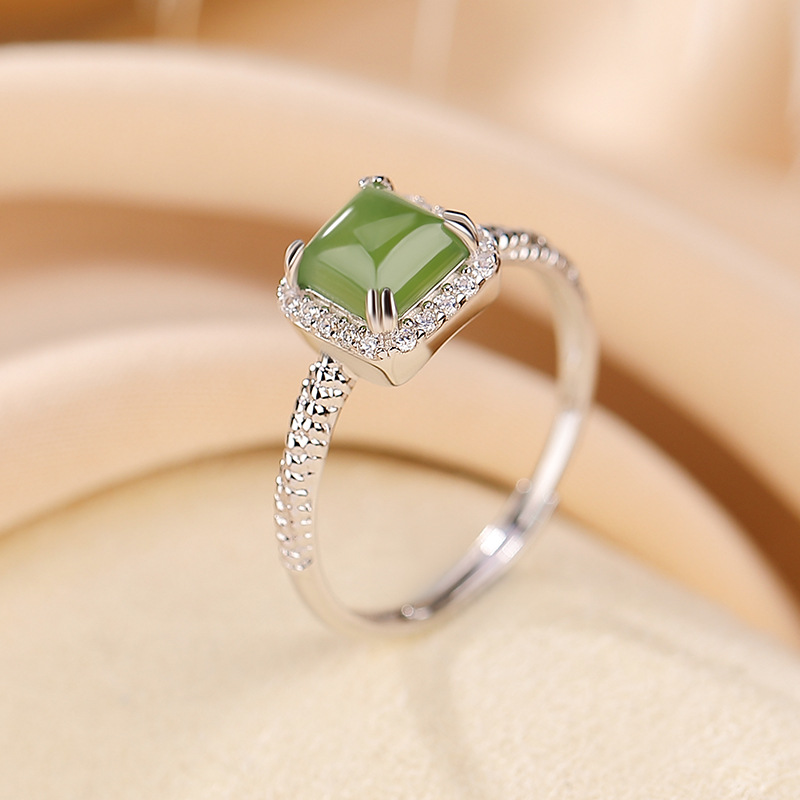 Nhẫn nữ bạc S925 mạ vàng đính đá zircon vuông thời trang — Kiểu mạ bạch kim