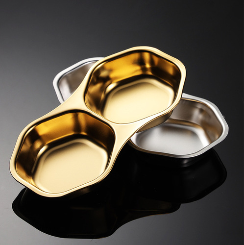 Aion 304 stainless steel two-flavor conjoined sauce plate restaurant multi-shaped seasoning plate titanium gold-plated Korean rice