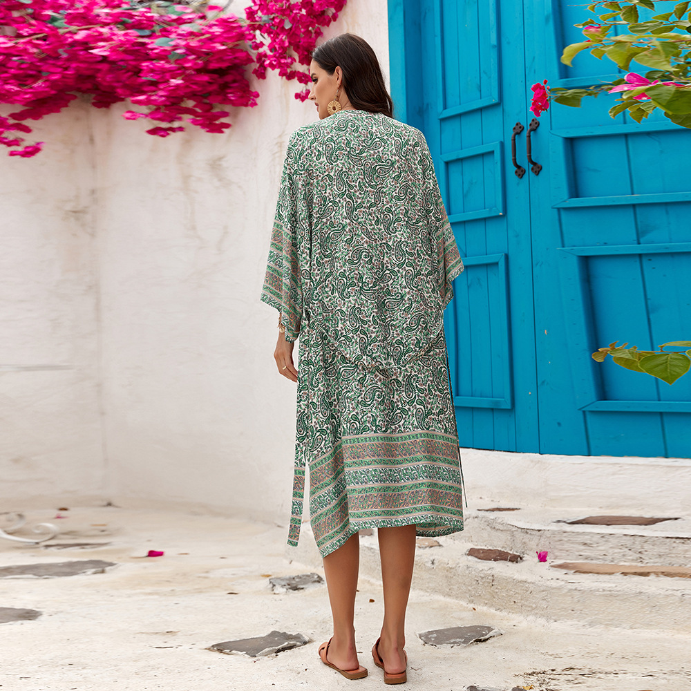 2 colores transfronterizos Amazon rayón impreso vacaciones playa vestido sexy cinturón vestido protector solar cardigan 3827