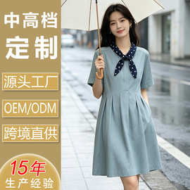 服装定制波点蝴蝶结领带棉麻连衣裙 气质休闲风短袖百褶中长裙女