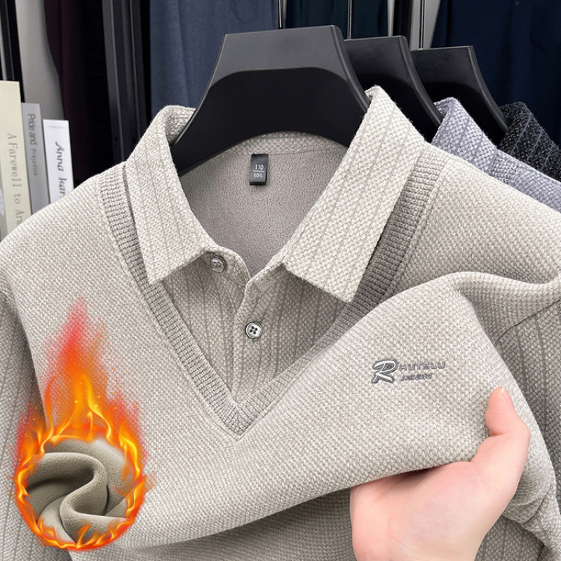 Fleece-Lined Thick Sweater with Faux Two-Piece Design, Winter Warm Men's Clothing, Faux Mink Lapel Patchwork Knit Sweater, Men's T-Shirt