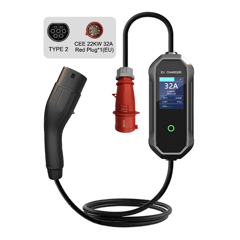 欧标22KW充电桩新能源电动汽车随车便携式充电枪22KW32A跨境专供