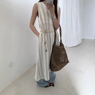 玟森online 韩版亚麻度假风连衣裙女显瘦a版无袖背心长裙女69555