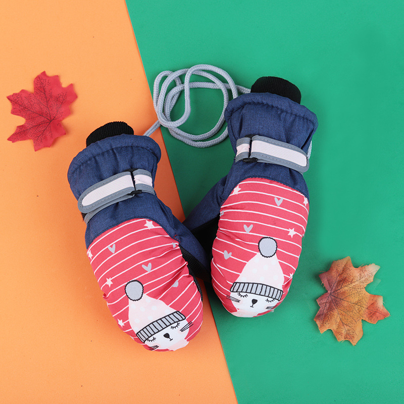 Nieve para niños forrada de lana engrosada impermeable antideslizante a prueba de viento de dibujos animados frío dedo paralelo dedo esquí bebé guantes de invierno
