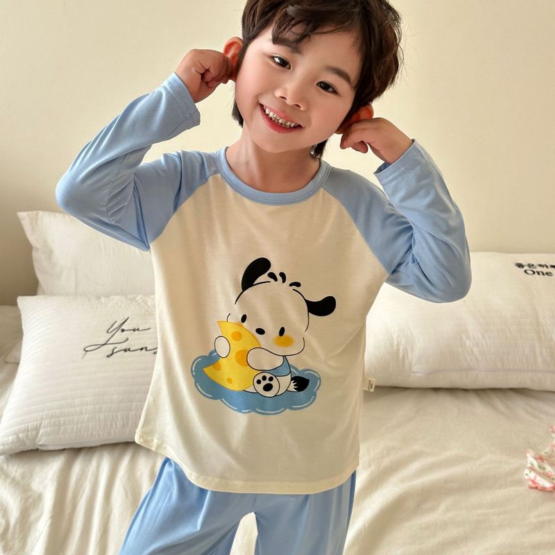 子供用モーダルホーム服セット、男の子と女の子用、夏用薄手パジャマ、中型および大型子供用韓国風長袖空調服|undefined