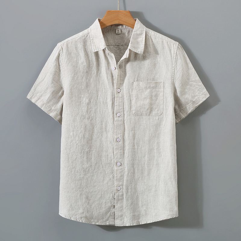 923 無地リネンシャツメンズ半袖夏の基本通気性薄いリネン服中国風のレトロカジュアル|undefined