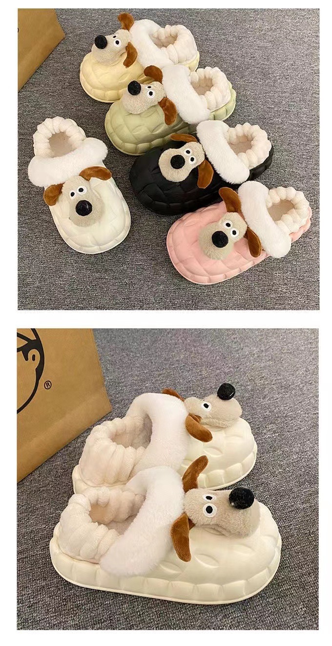 Pantofole da donna impermeabili con motivo a cane dei cartoni animati, antiscivolo, fondo spesso, calde e morbide, graziose scarpe di cotone per la casa e_voghion.com