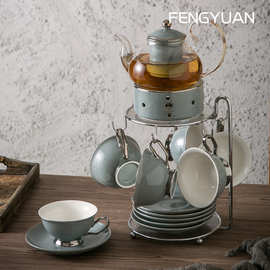 厂家批发色釉花茶具欧式陶瓷花茶壶套装蜡烛加热英式下午茶茶具
