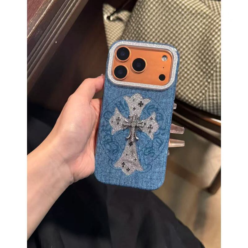 Denim Style Diamond-Encrusted Personalized Crow Heart Cross Diamond 14 Suitable for Iphone17Promax Apple 16 Mobile Phone Case 15