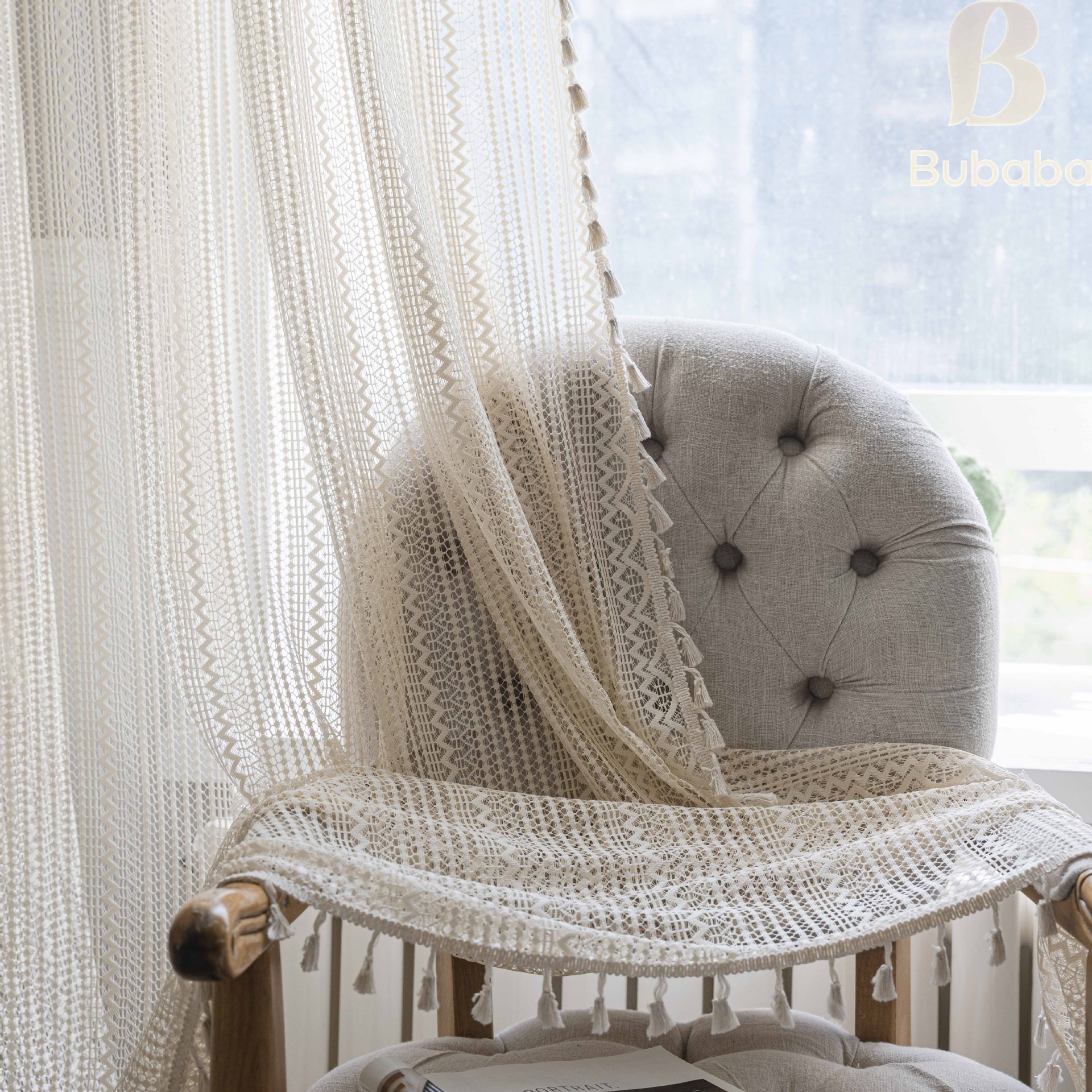 Beige Tassel Curtains Hollow-out Translucent Decorative Home_voghion.com