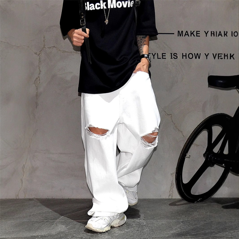 Unique Vibe White Ripped Wide-Leg Jeans for Men American High Street Cool Loose Straight Stacked Long Pants