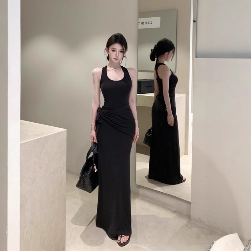 Black U-collar Sleeveless I-shaped Vest dress Women's Summer New Elegant Sexy Tight Waist Slimming Hip Skirt