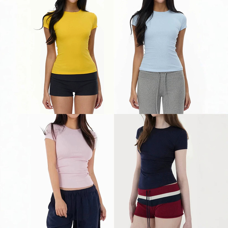In-stock Jim Kennet straight-shoulder sports short-sleeve T-shirt, slim-fit, American-style, skin-friendly, basic top for women