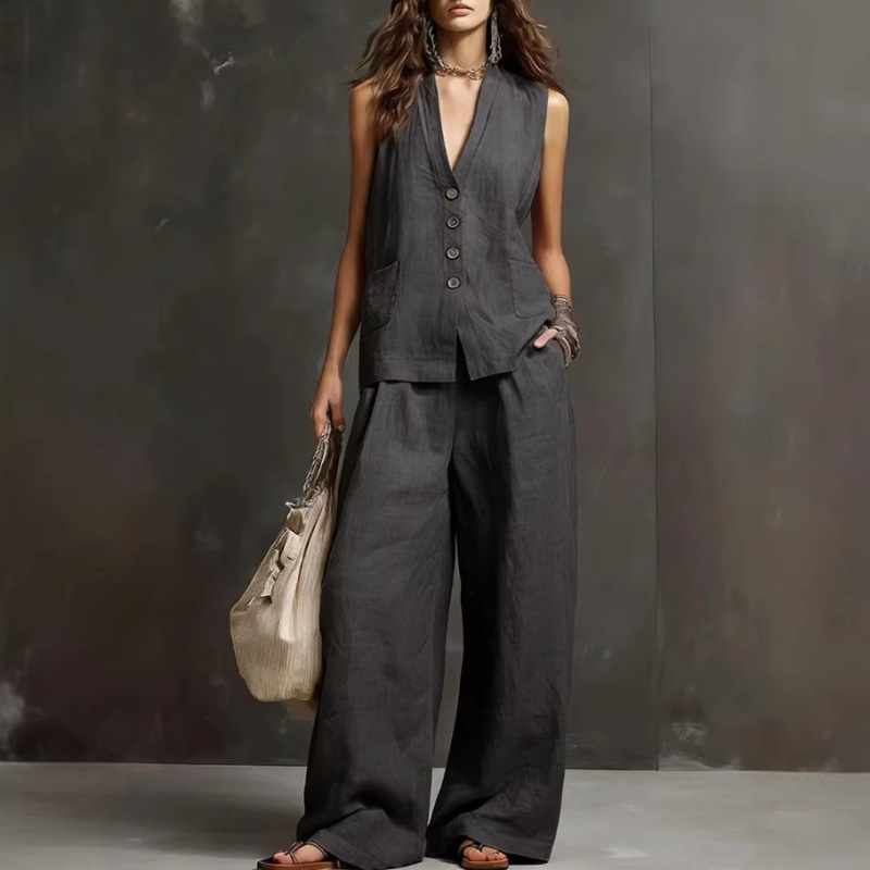 Foreign Trade 2026 Spring Women's Clothing European and American Cross-Border Style Sleeveless Vest Top and Wide-Leg Pants Cotton-Linen Two-Piece Set Foreign Trade 2026 Spring Women's Clothing European and American Cross-Border Style Sleeveless Vest Top and Wide-Leg Pants Cotton-Linen Two-Piece Set