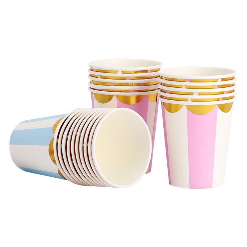 Cross-Border Paper Cup 9 oz 250ml Hot Stamping Printed Stripesd Thickeneded Paper Cup Disposable Coated Paper Cup Wholesale
