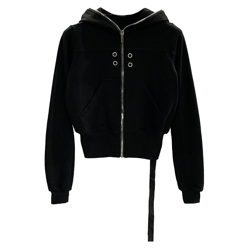 Sudadera con capucha perforada para mujer, nueva colección 2026, con decoración de ojales, mangas cortas y largas, color negro, para otoño.