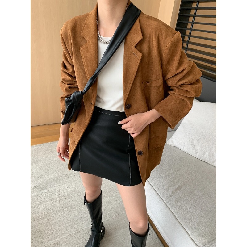 Sinan Fashionable Barn Style Faux Suede Oversized Loose Fit Blazer 2026 Autumn/Winter New Model Sn6068
