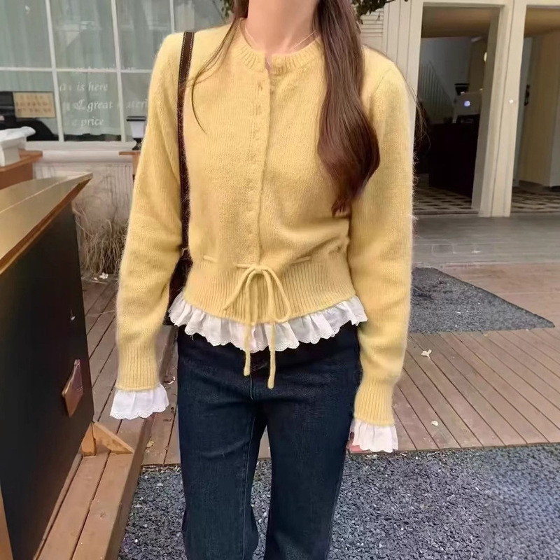 韩版温柔风圆领抽绳收腰显瘦蕾丝针织开衫新款减龄设计感毛衣外套|undefined
