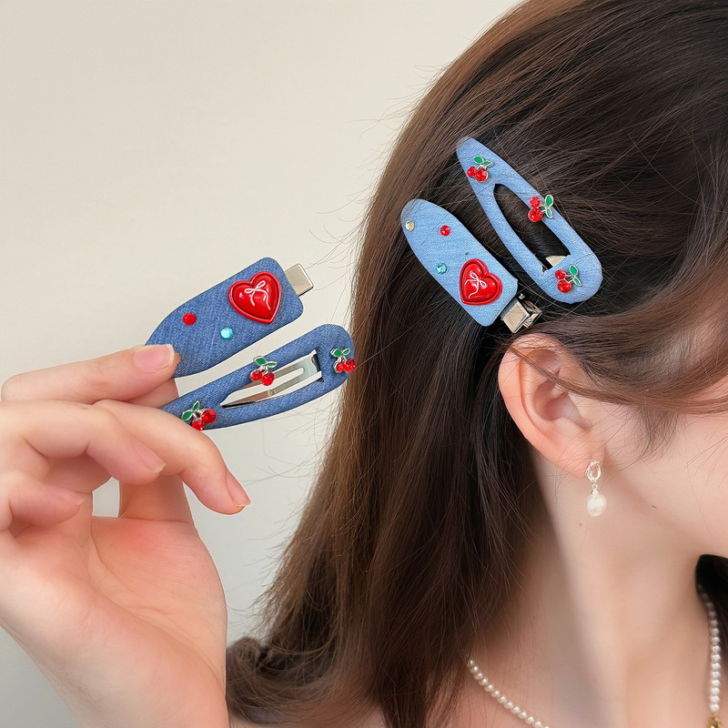デニムブルー愛かわいいカモノハシヘアピン三角リボンBBクリップヘアピンヘッドバンドサイド前髪クリップヘアアクセサリー|undefined