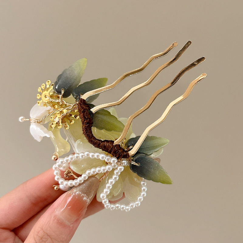 Peonía Peonía Peine Verde Fresco Peine Cheongsam Accesorios Peine Insertado Tocado Mujer Lado Fairy Beauty Bola Bola Accesorios para el cabello