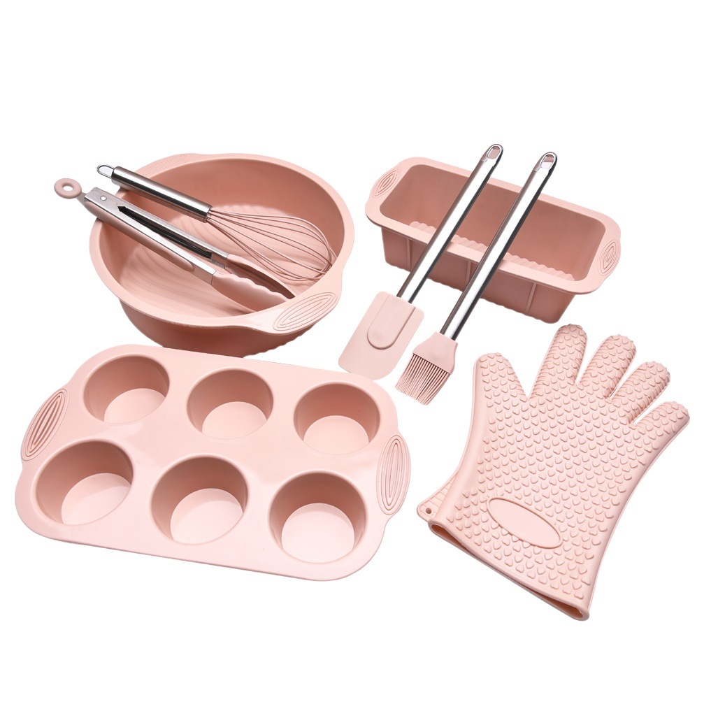 Juego de 8 moldes para pasteles, molde de silicona para tostadas, raspador, brocha para aceite, batidor de huevos, guantes resistentes al calor, juego para hornear en casa