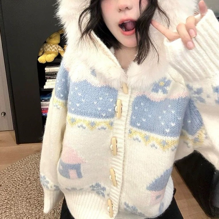 Lazy Style Fair Isle Sweater Jacket for Women in Autumn and Winter Horn Button Fur Collar Hooded Knitted Cardigan Loose and Sweet Top