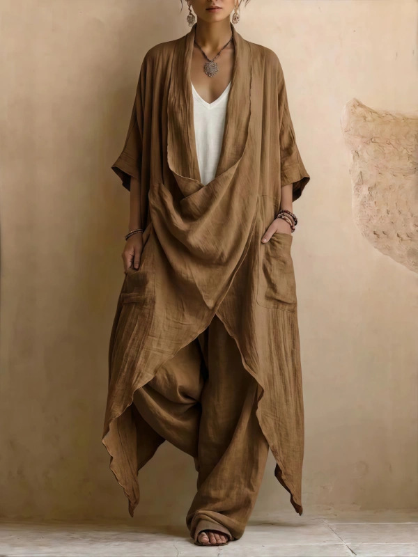 The 2026 New Casual Bohemian Style Set Includes Two Pieces: a Long Linen-Cotton Top and Long Pants