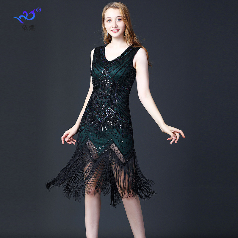 1920s retro tassel dress party sequins tassel dance dress double V-neck sleeveless dress beaded cocktail dress 1920s retro tassel dress party sequins tassel dance dress double V-neck sleeveless dress beaded cocktail dress