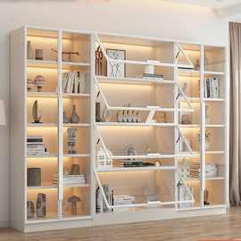 书柜带玻璃门奶油风一体整墙到顶轻奢现代客厅书架展示柜