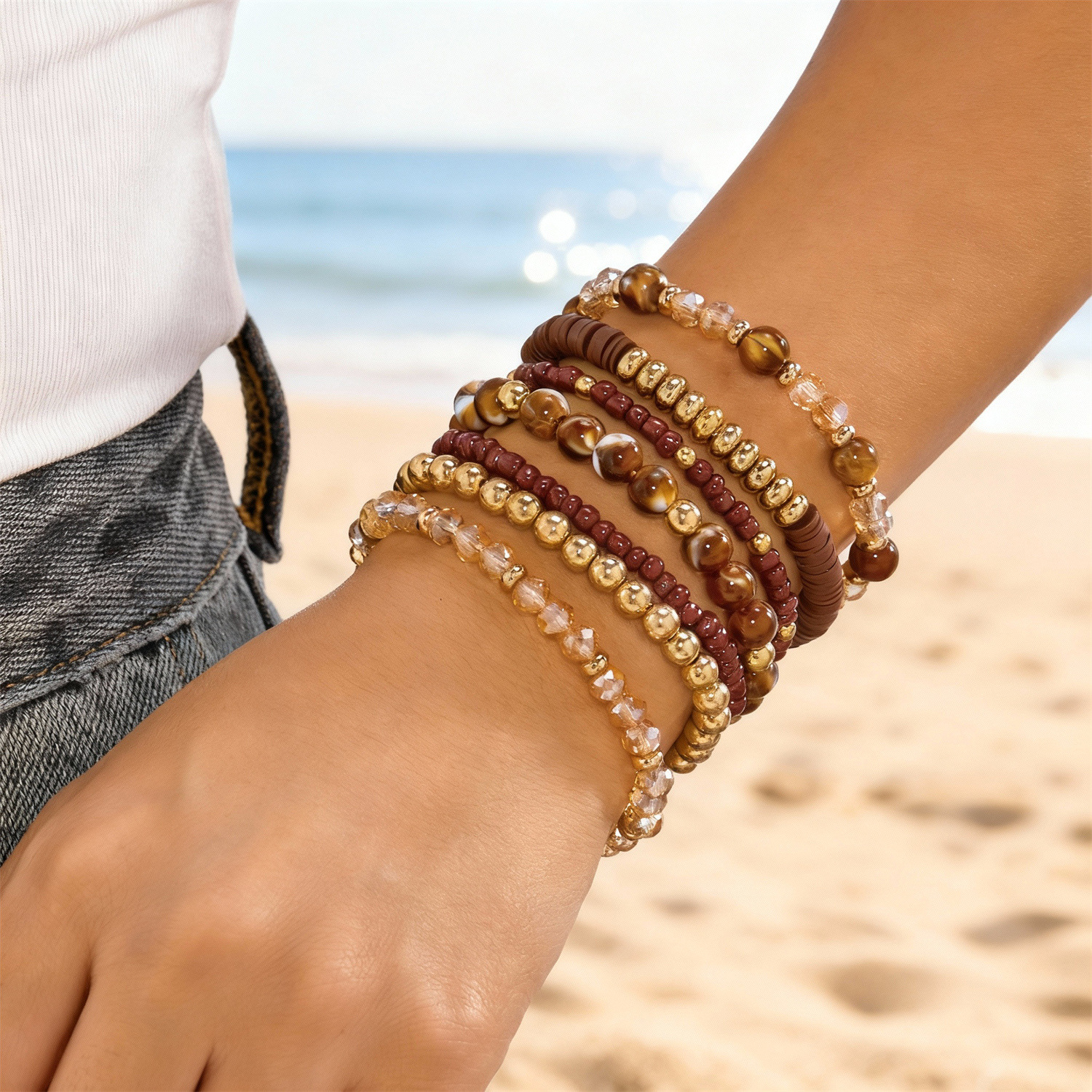Europa y América de moda bohemia creativa playa multicapa para usar cuentas de vidrio hechas a mano al por mayor pulseras