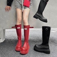 软皮版~红色雨靴女2025秋季新款圆头厚底高筒骑士靴不过膝长筒靴