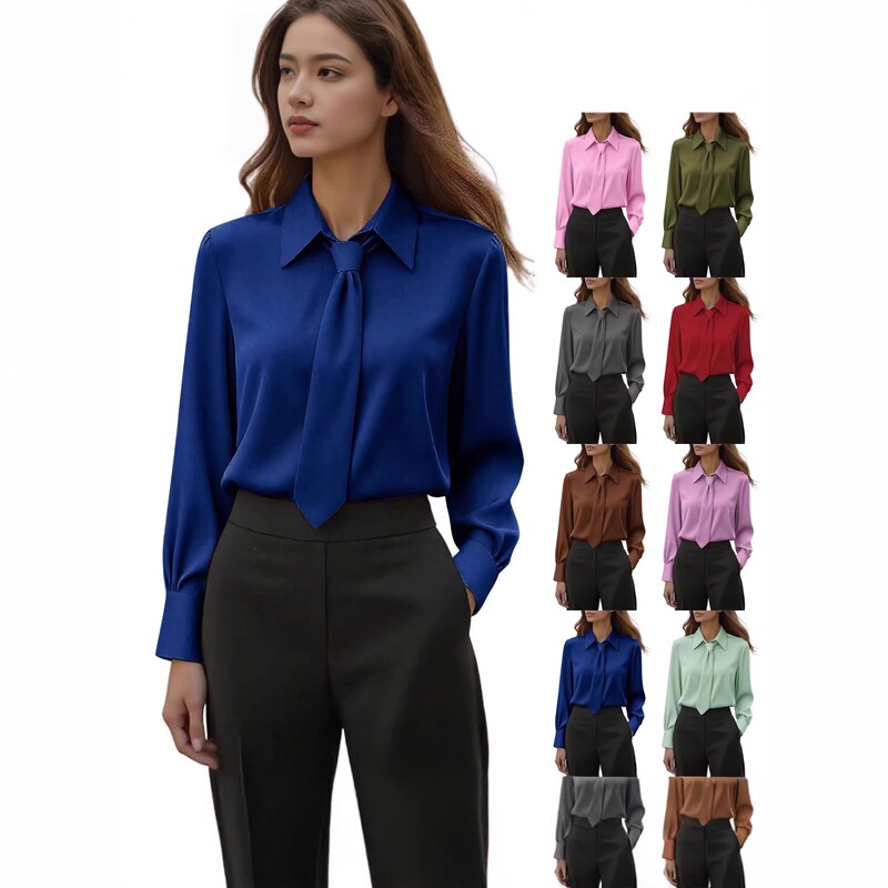 2026 Amazon European and American Cross-Border New Style Spring and Summer Solid Color Casual Tie Long-Sleeve French-Style Women's Shirt 2026 Amazon European and American Cross-Border New Style Spring and Summer Solid Color Casual Tie Long-Sleeve French-Style Women's Shirt
