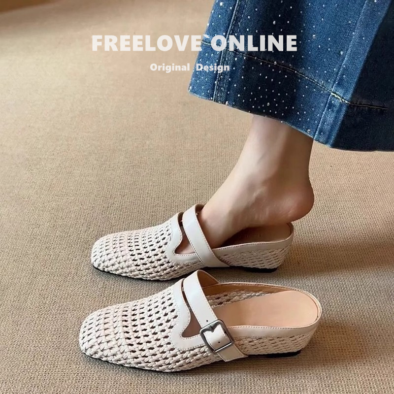 In Stock For Immediate Dispatch ~ Vacation Style Woven Wedge Mules With Belt Buckle, Breathable Closed-Toe Outdoor_vogvips.com