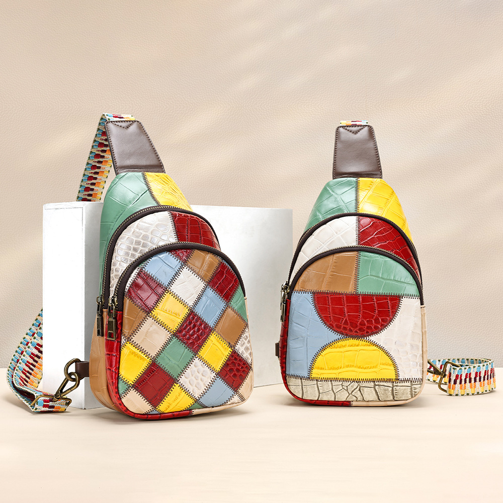 Túi đeo chéo nữ da bò thật phối ô vuông cao cấp 17x10x27 cm — Ghép ô vuông, Ghép hình bán nguyệt, 17cm*10cm*27cm