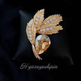 中古Vintage宫廷复古麦穗胸针巴洛克香槟水晶胸花西装外套别针