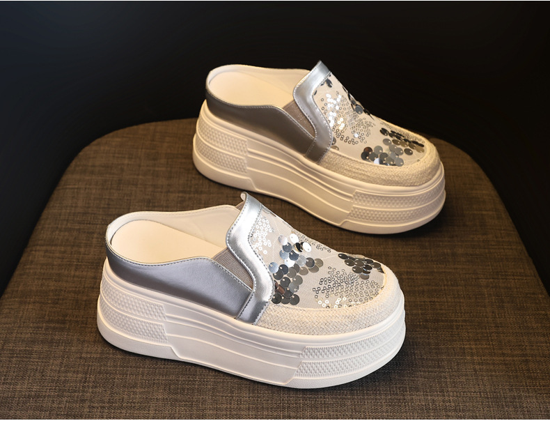 Giày sneaker nữ đế dày tăng chiều cao, kiểu lười một chân, mũi trùm, phối sequin, mùa hè 2026 — màu vàng, bạc chi tiết 5