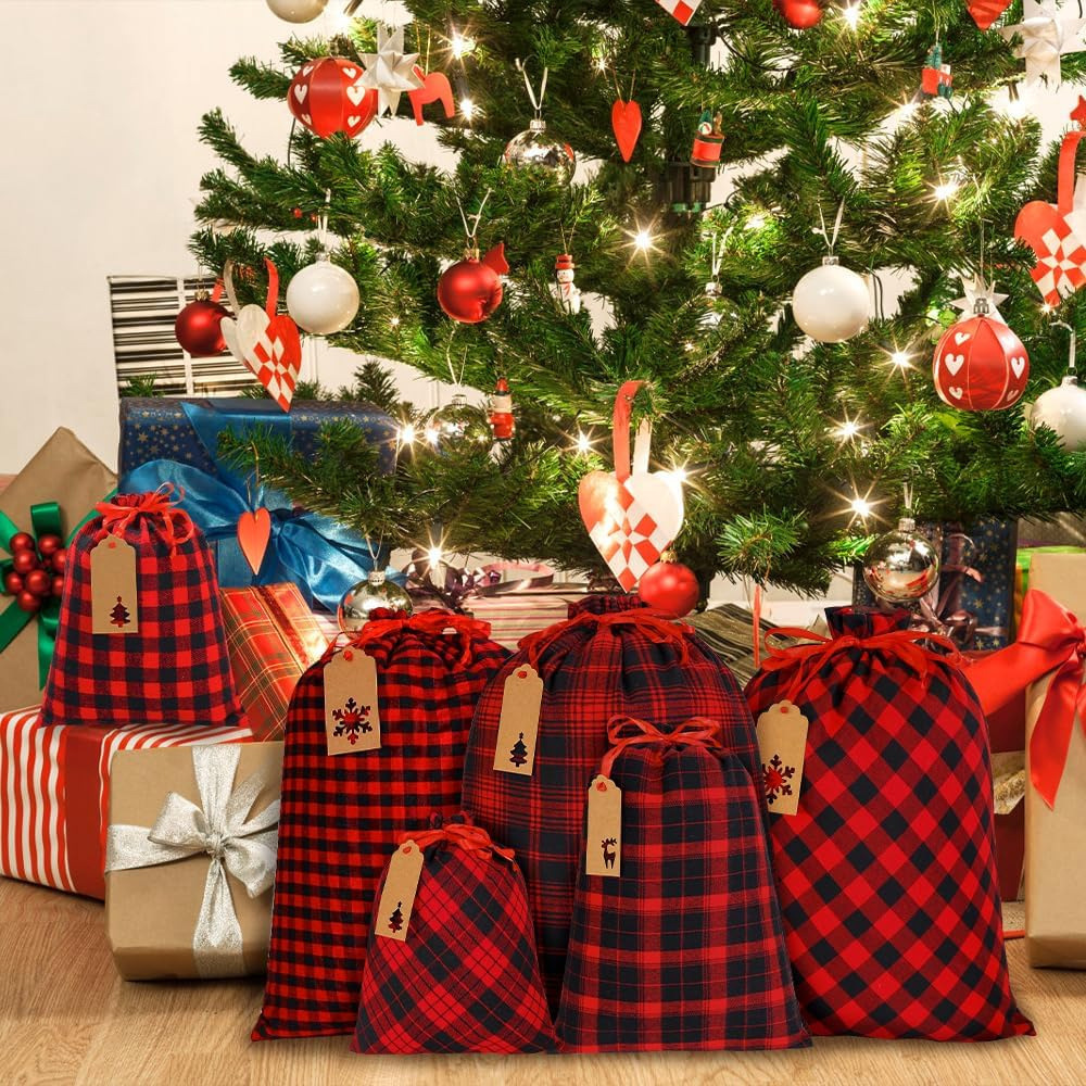 新款圣诞格子棉布束口袋抽绳圣诞棉布格纹袋棉布袋圣诞礼物糖果袋