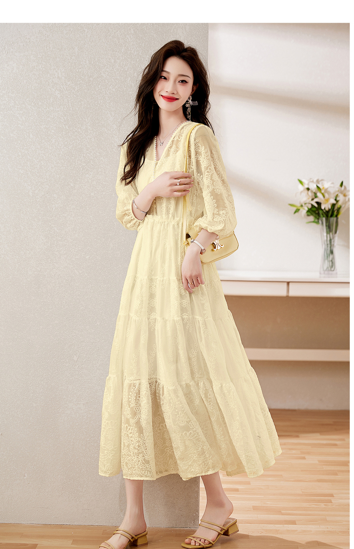 Đầm maxi nữ cổ V thắt eo dáng dài thanh lịch NY1608 — xanh lam, màu tím, màu vàng chi tiết 19