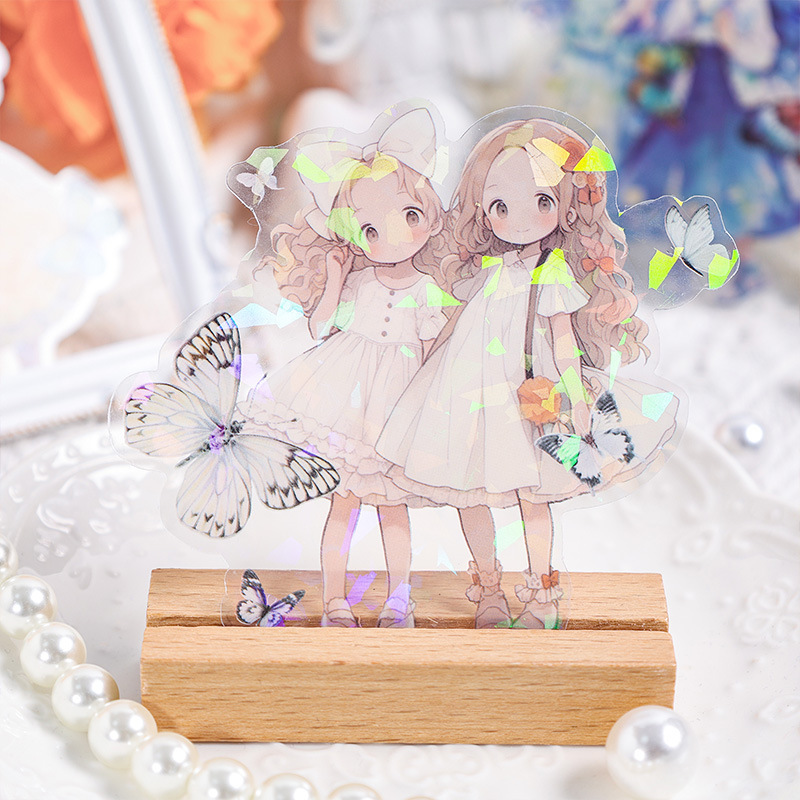 Misty mariposa chica conchas pegatinas láser luz bolsas DIY pegatinas de mascotas impermeables transparentes pegatinas de papelería adorables chicas