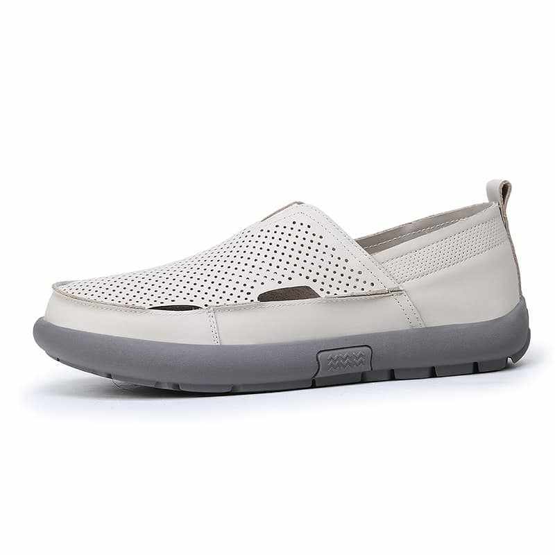 Dép sandal nam da bò đế bằng mũi tròn kiểu lười thoáng khí, đế cao 1 cm — Trắng CB9926-2, Đen CB9926-2