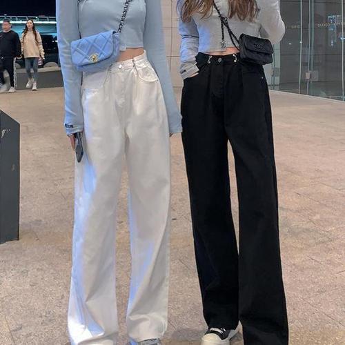 White Wide Leg Jeans for Women, Loose and Slimming, High-Waisted, Flowy, Floor-Length Straight Leg Pants, Early Autumn