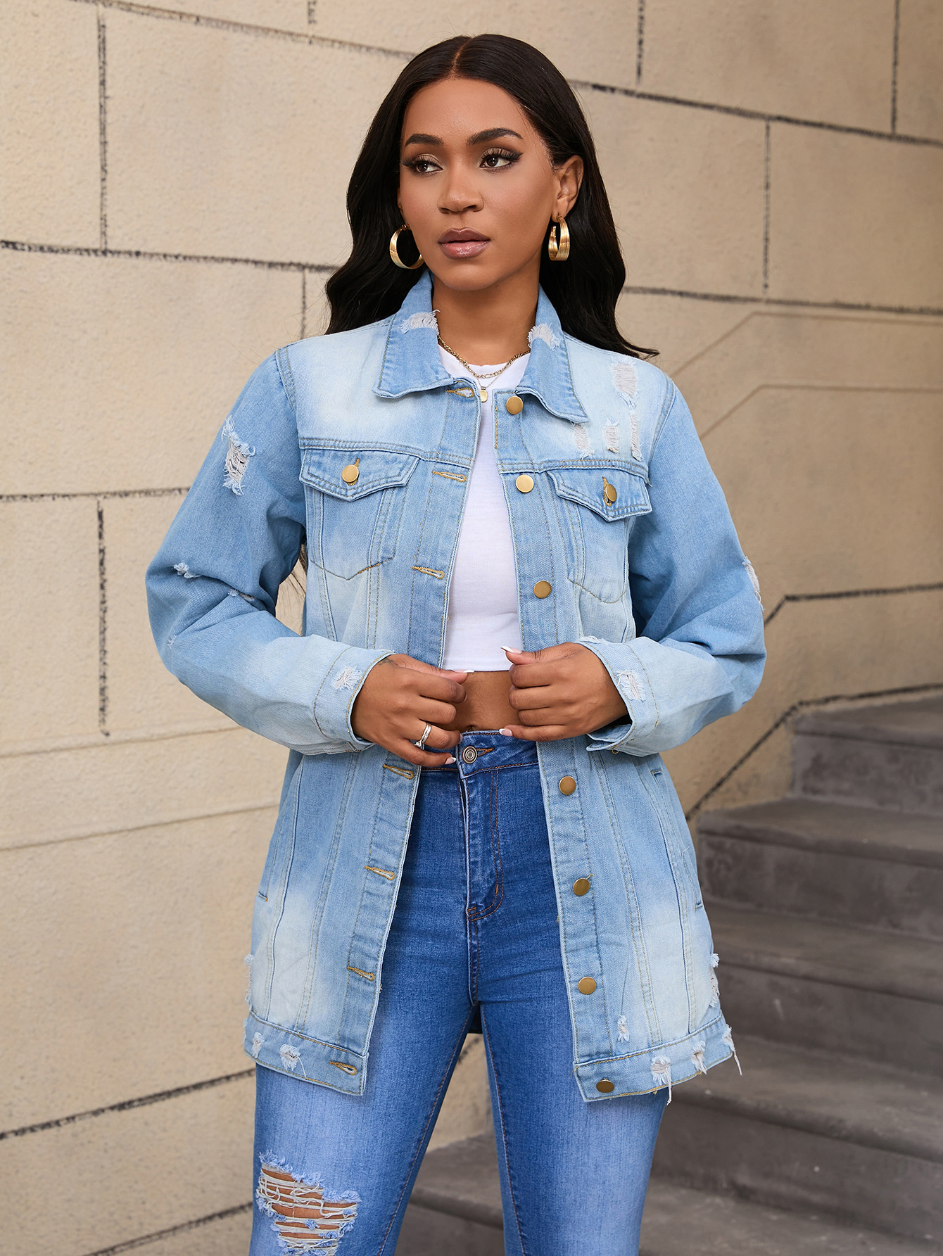 Langärmlige Distressed-Jeansjacke für Damen – Oversize-Boyfriend-Mantel (S-2XL, Urban Casual, Hell-/Tiefblau-Waschung)_voghion.com