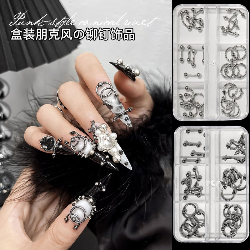 Cross-Border Nail Art Piercing Jewelry European and American Punk Style Metal Rivet Nail Hanging Ring DIY Wearable Nail Accessories Wholesale
