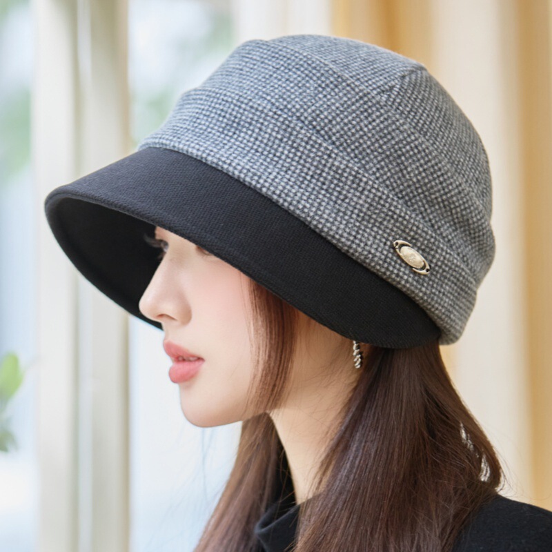 秋冬季帽子女韩版时尚百搭千鸟格盆帽优雅折叠显脸小马术帽渔夫帽|undefined