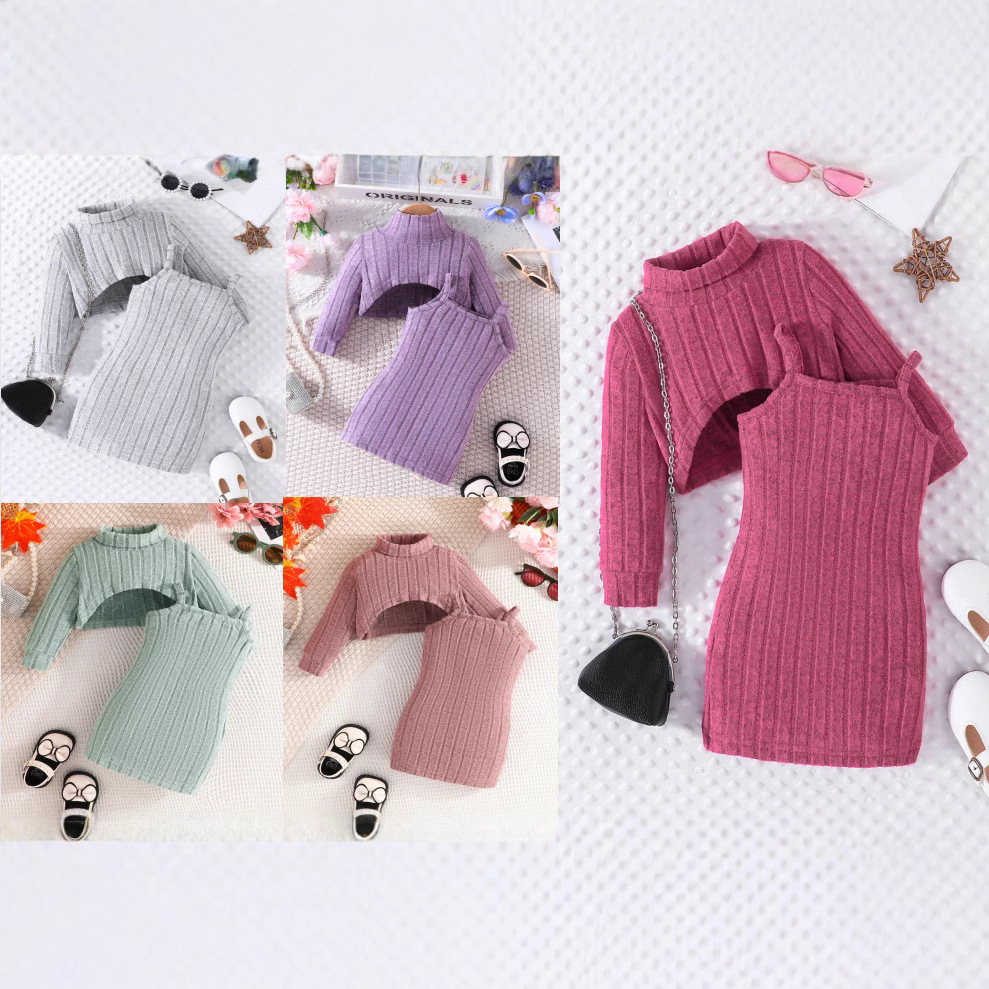 2024 Herbst/Winter Neue Mädchen Halb Stehkragen Strickhemd mit Grubenstreifen Einfarbig Langarm Top + Trägerrock Zwei_voghion.com
