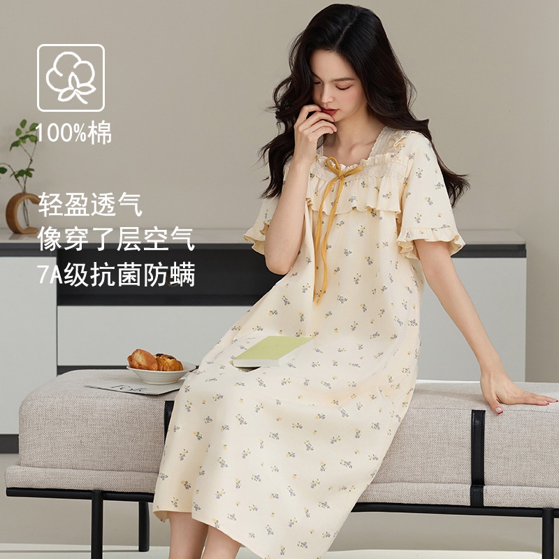 クラス A 抗菌ナイトガウン女性の夏の純粋な綿の半袖ドレスロングプラスサイズは外で着用できます女性のための綿のパジャマ|undefined