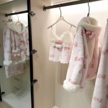 甜美蝴蝶结连帽兔耳朵珊瑚绒睡衣女冬款保暖可外穿三件套家居服潮