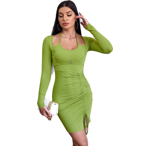 2024 cross-border European and American women's clothing fake two-piece pleated slim-fit hip-hugging skirt knitted long-sleeved short skirt mini dress